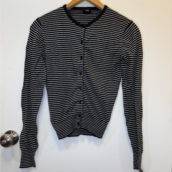 Fate Black and White Striped Button Down Cardigan V-Neck Women’s Size Small - Picture 1 of 12